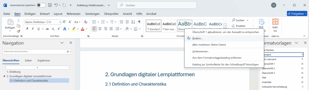 Inhaltsverzeichnis Aenderung Ueberschrift