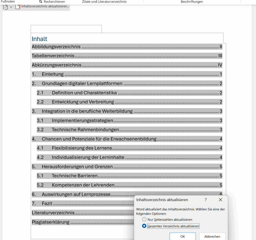 Inhaltsverzeichnis aktualisieren