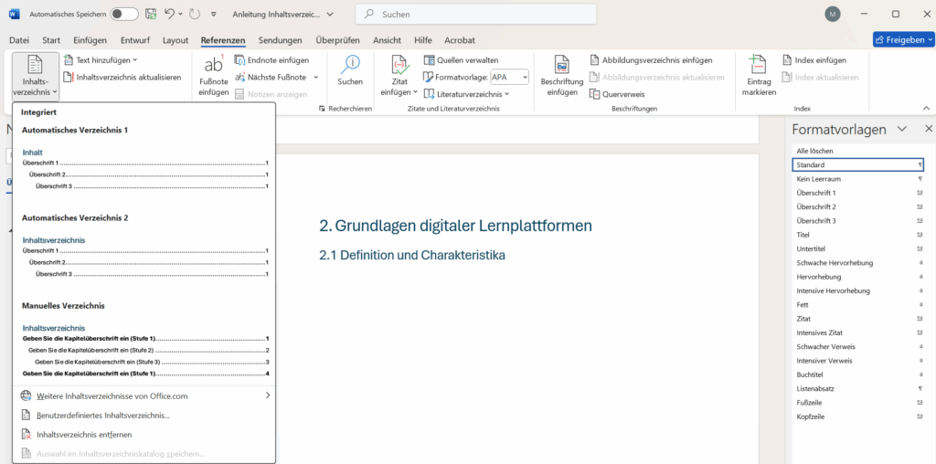 Inhaltsverzeichnis auswaehlen