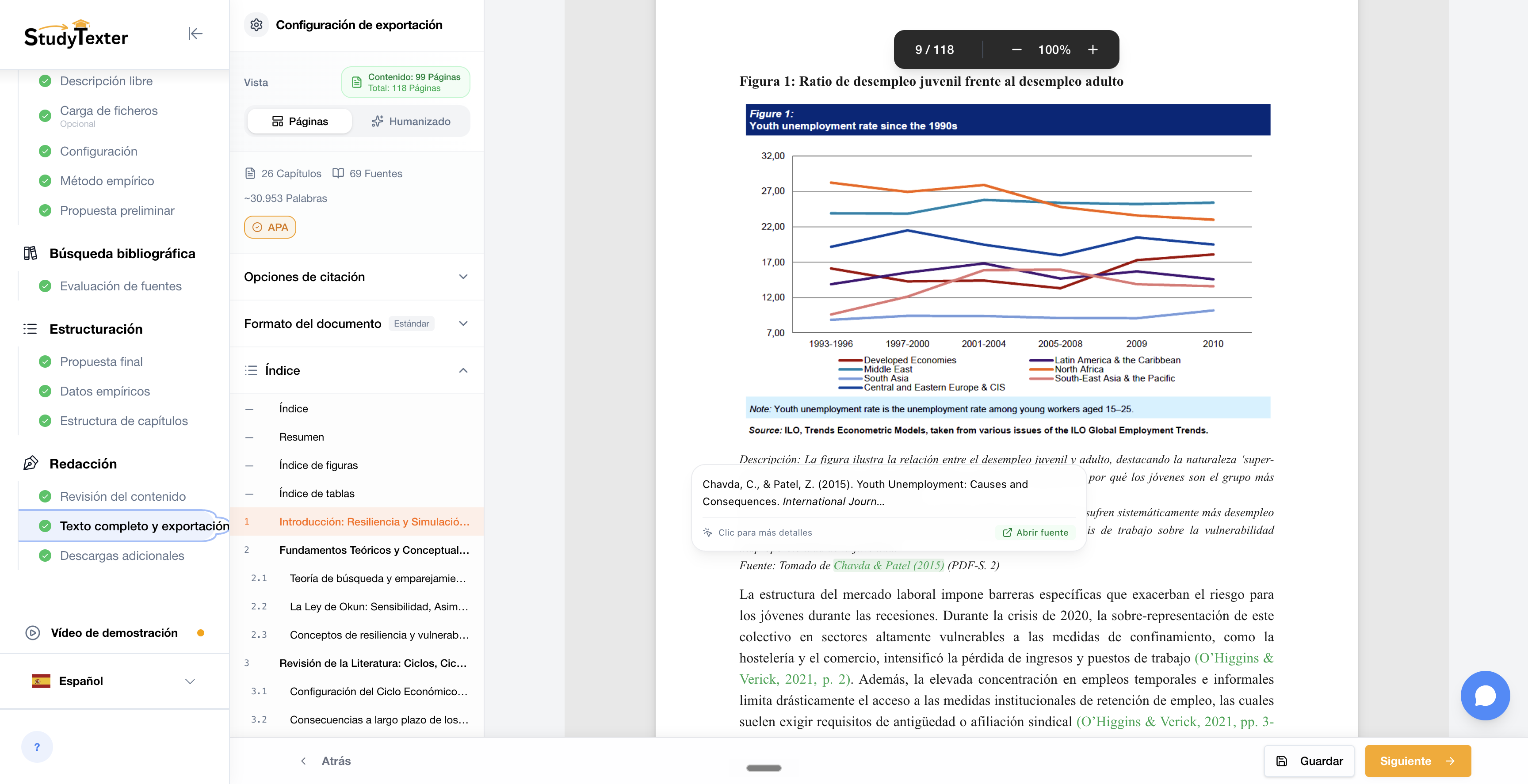 El editor de StudyTexter en español: paso Texto completo y exportación, con una tesis de 118 páginas renderizada en PDF, índice de capítulos a la izquierda y popup de cita APA con DOI verificable.