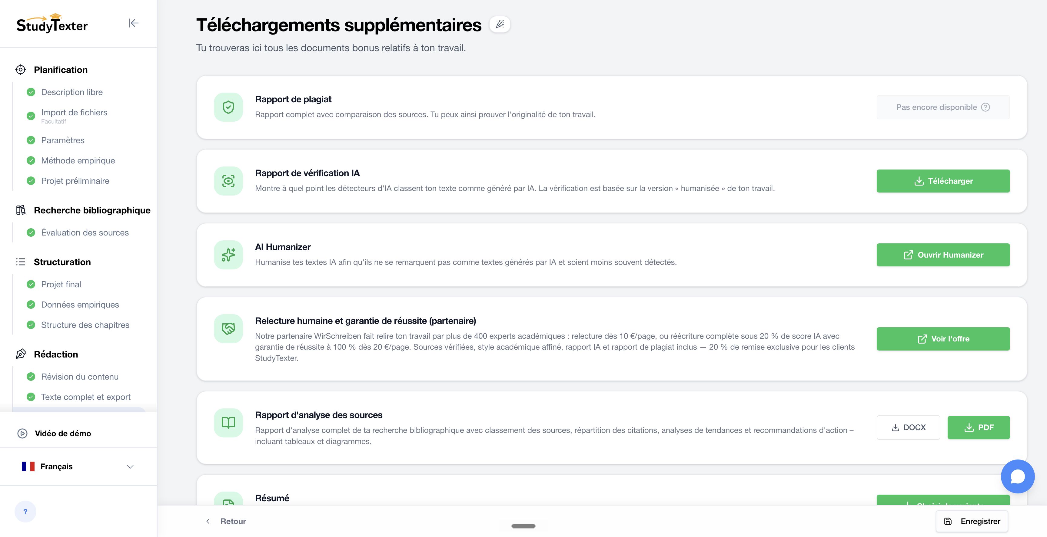 Pack tout-inclus StudyTexter : export DOCX, PDF, LaTeX, plus aperçu de toutes les sources, méthodologie et résumés de littérature.