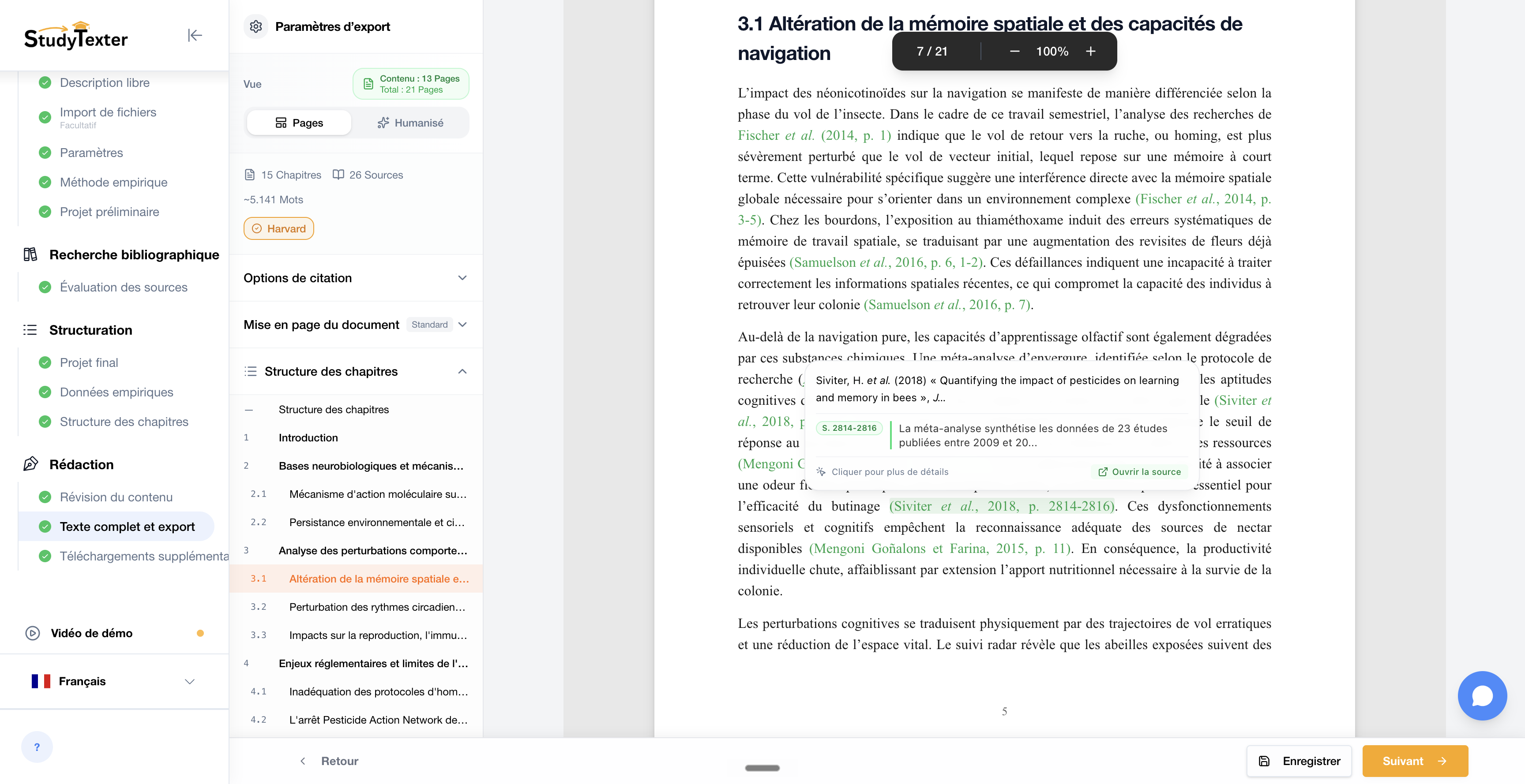 Brouillon complet de mémoire académique de 120 pages dans l'éditeur StudyTexter — citations sourcées, structure conforme aux normes, prêt à l'export DOCX/PDF/LaTeX.