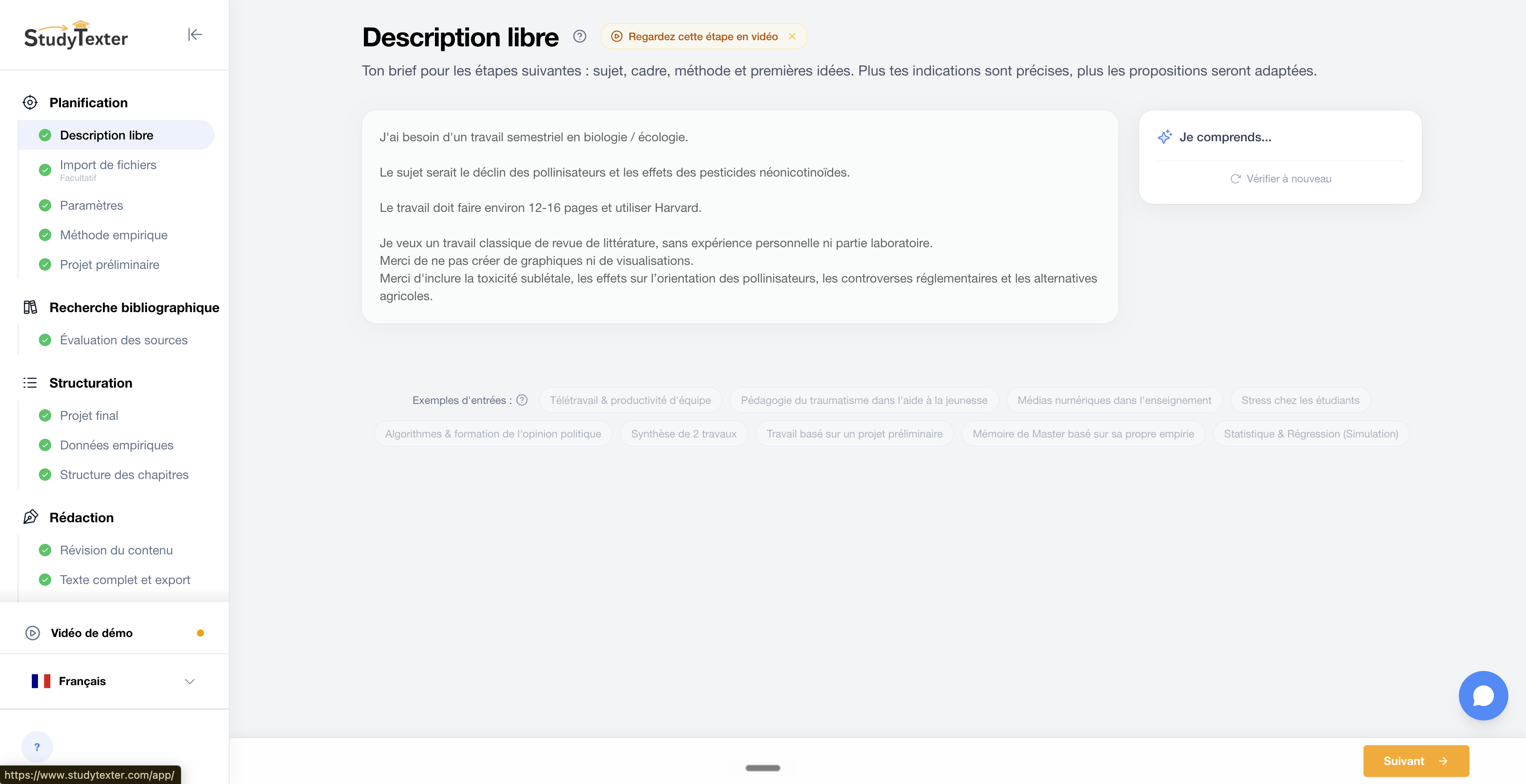 L'éditeur StudyTexter en français : démarrage interactif pour rédiger votre mémoire — l'IA Copilot pré-remplit chaque étape, vous gardez le contrôle.