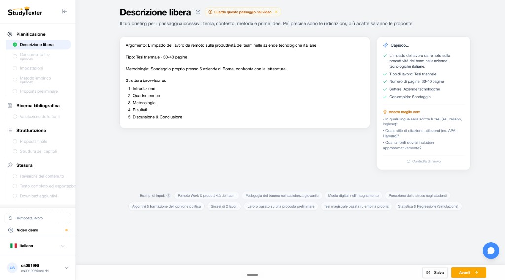 L’editor di StudyTexter in italiano — passaggio Descrizione libera durante la richiesta di una correzione tesi: input testo + criteri di revisione (grammatica, stile, bibliografia, antiplagio).