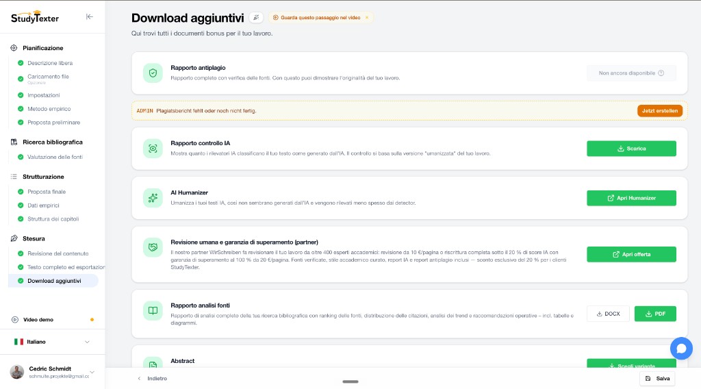 L’editor di StudyTexter in italiano: passaggio Download aggiuntivi dove si vedono tutti i rapporti finali (antiplagio, controllo IA, AI Humanizer, revisione umana, rapporto analisi fonti, abstract) — i materiali su cui basare le conclusioni della tesi.
