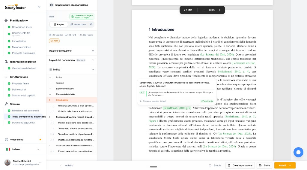 L’editor di StudyTexter in italiano: passaggio Testo completo ed esportazione con la sidebar sinistra che mostra l’indice completo della tesi (Indice, Abstract, Elenco delle figure, Elenco delle tabelle, Introduzione, 1.1, 1.2, 2.1) — generato automaticamente con la numerazione corretta.