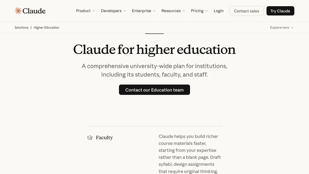 Screenshot of Anthropic’s Claude for higher education page, Oct 12, 2026