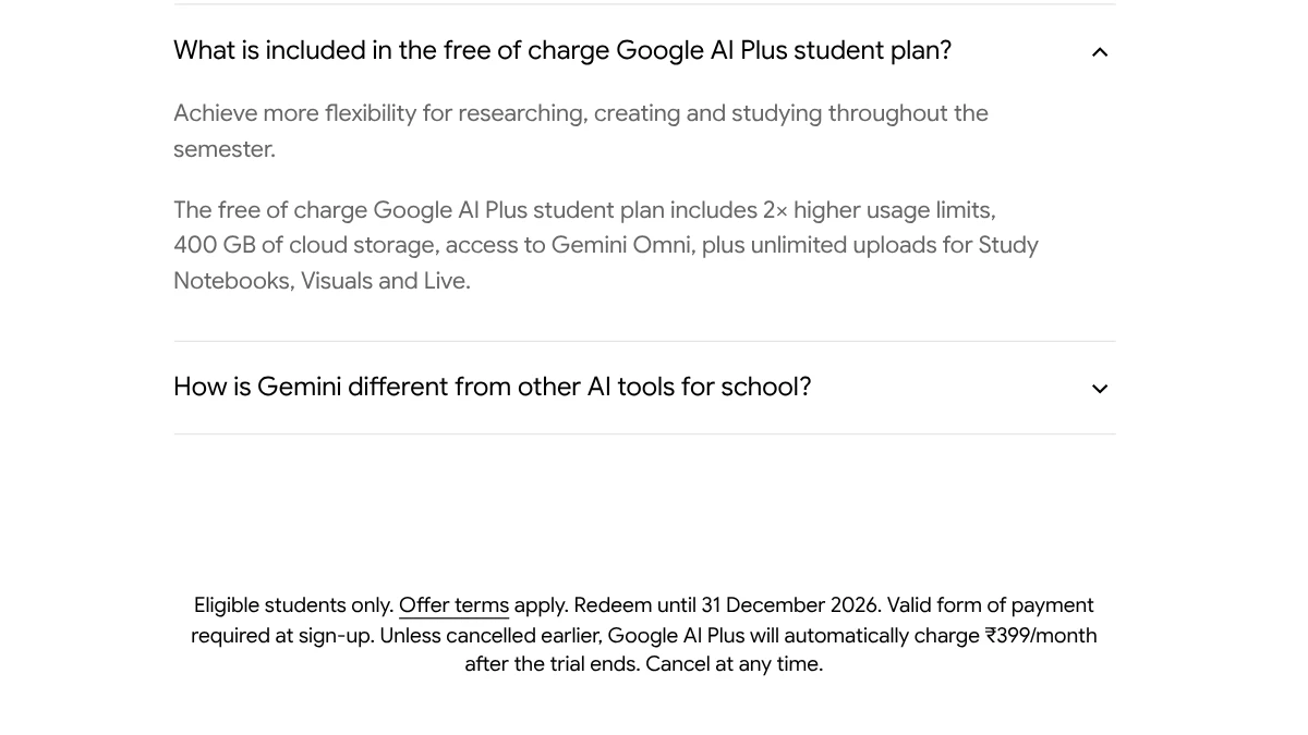Screenshot of Google’s Gemini for Students page for India with FAQ and fine print, Oct 12, 2026