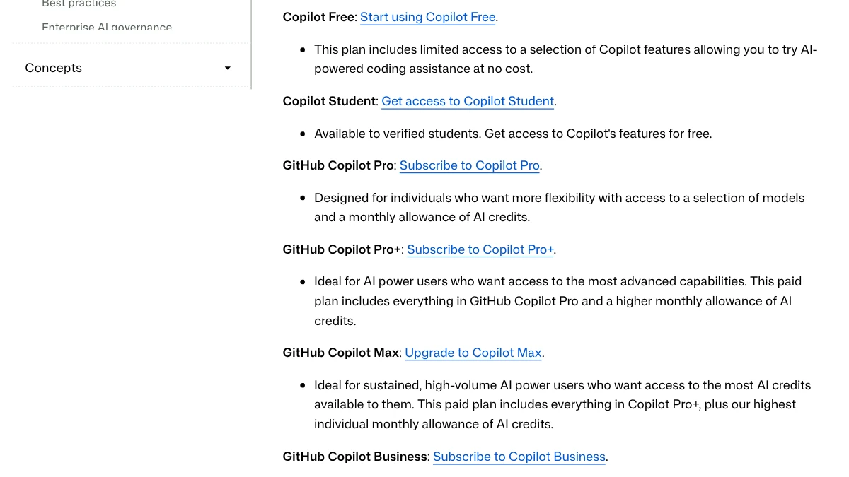Screenshot of GitHub’s documentation on Copilot plans with the Copilot Student plan, Oct 12, 2026