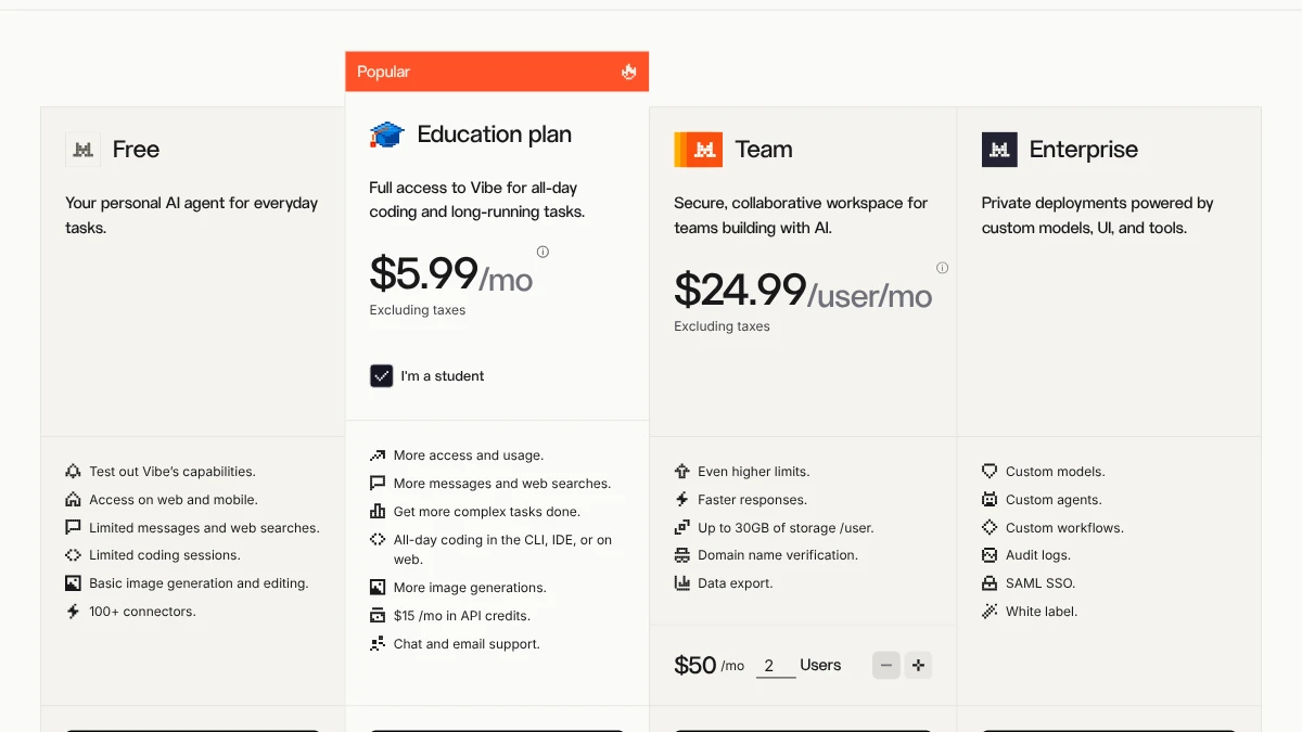 Screenshot of Mistral’s pricing page with the student option ticked, Oct 12, 2026