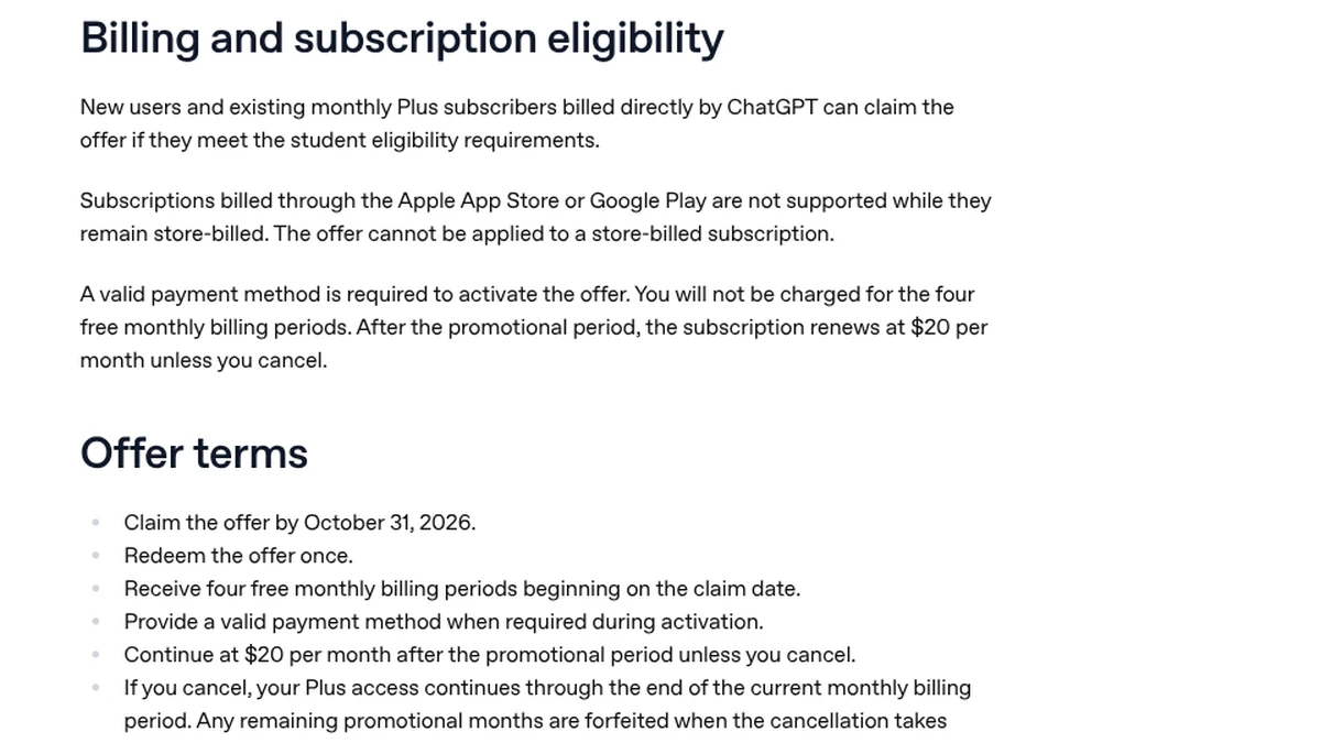 Screenshot of the offer terms in OpenAI’s help article on the ChatGPT Back to School offer, Oct 12, 2026