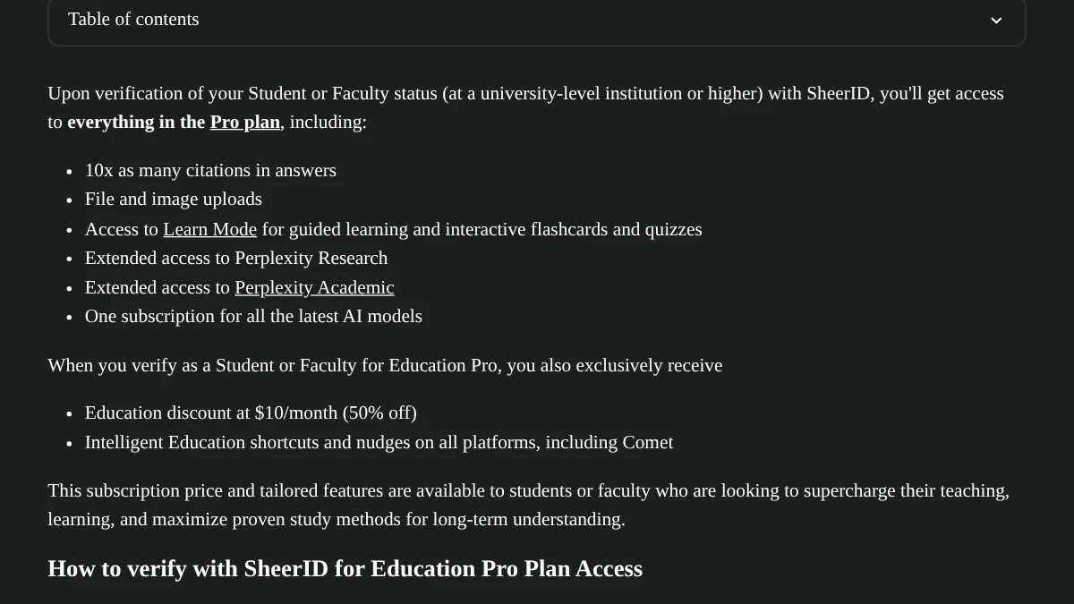 Screenshot of Perplexity’s help article What is Education Pro, Oct 12, 2026