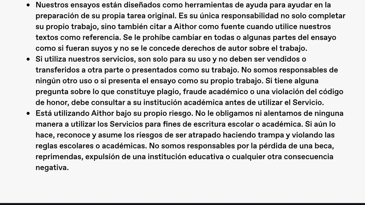 Términos de servicio de aithor.com en español: cláusulas sobre citar a Aithor como fuente, no presentar el ensayo como trabajo propio y usar Aithor bajo tu propio riesgo
