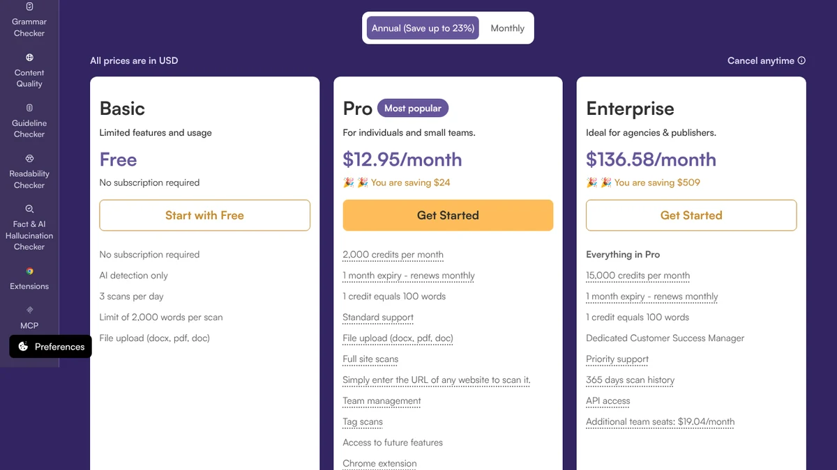 Screenshot of Originality.ai’s pricing page, annual view, with the free Basic plan and Pro at $12.95 per month