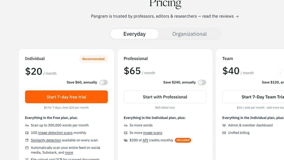 Screenshot of Pangram’s pricing page with the Individual plan at $20 per month