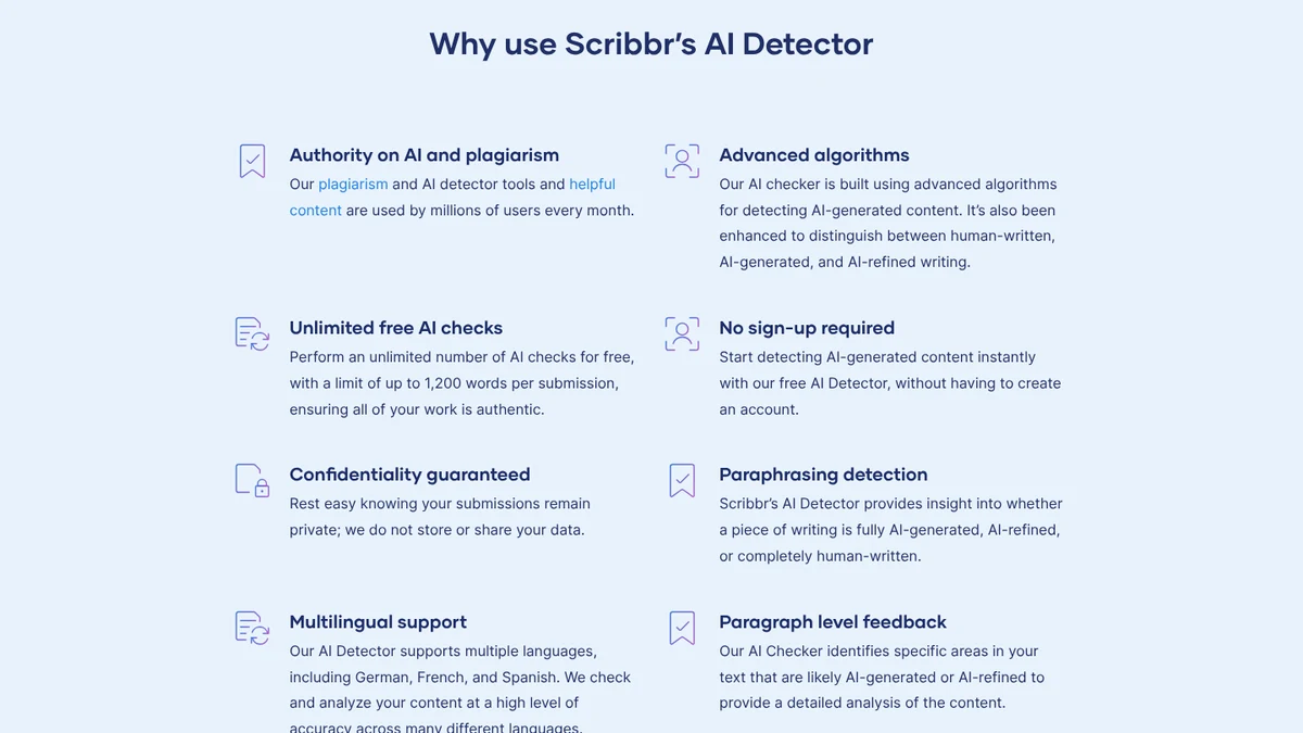 Screenshot of Scribbr’s AI detector page, section Why use Scribbr’s AI Detector