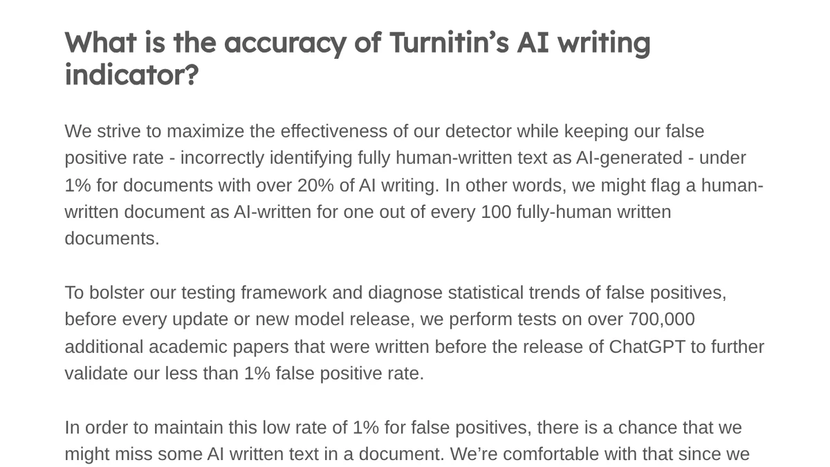 Screenshot of Turnitin’s AI writing detection FAQ, section on the accuracy of the AI writing indicator