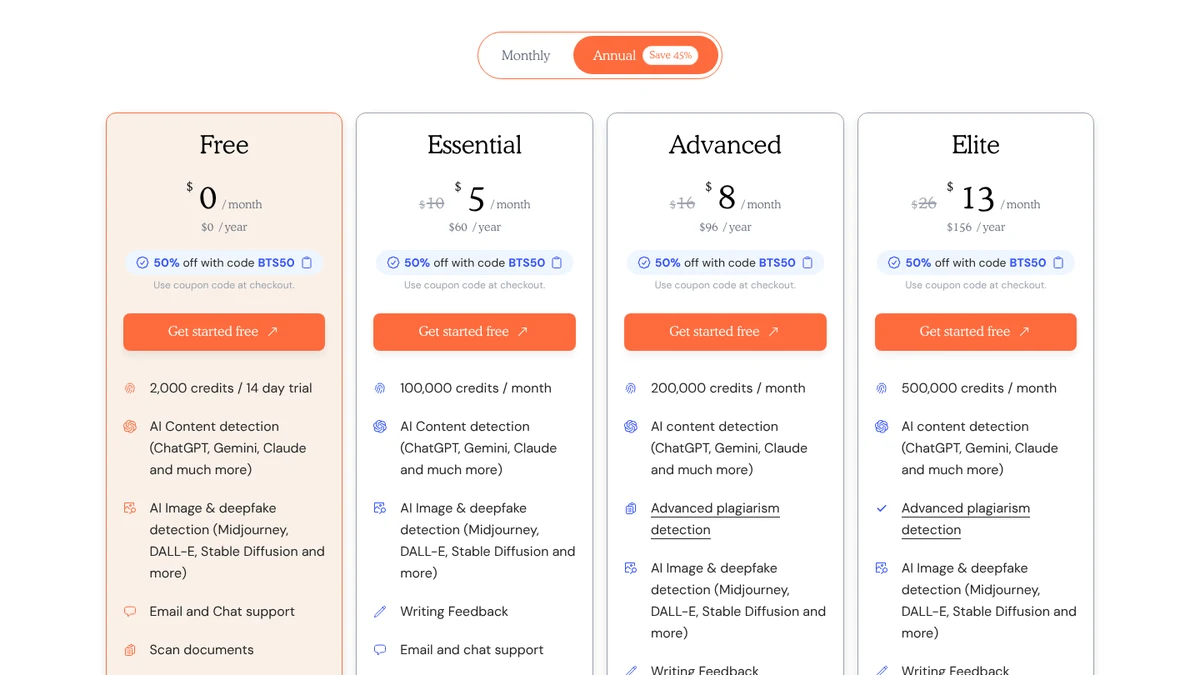 Screenshot of Winston AI’s pricing page, annual view, with a free trial and paid plans with a coupon code
