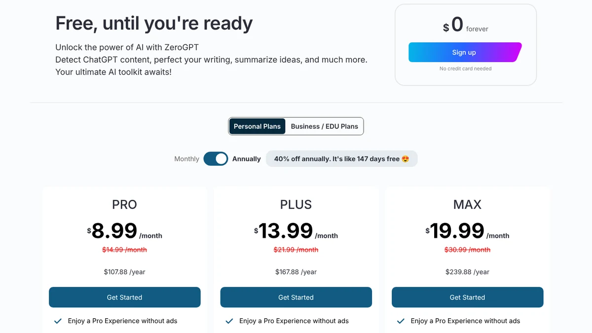 Screenshot of ZeroGPT’s pricing page: free plan at $0 forever, Pro at $8.99 per month billed annually