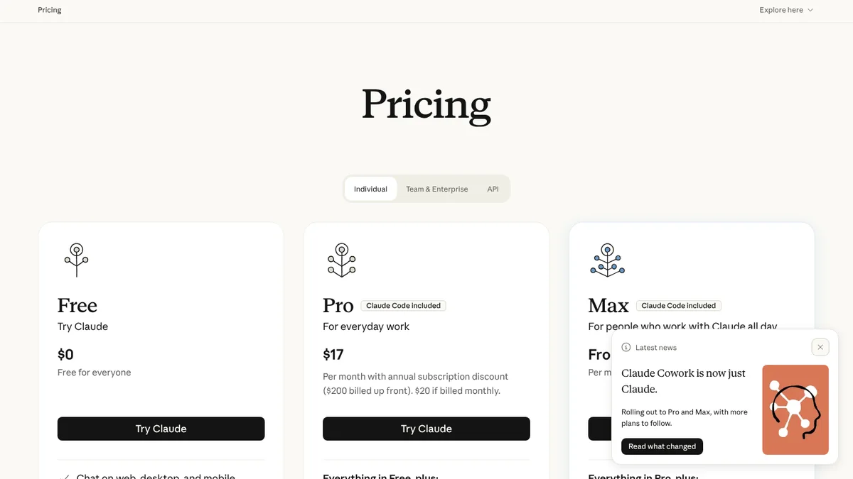 Claude pricing page with the Free and Pro plans