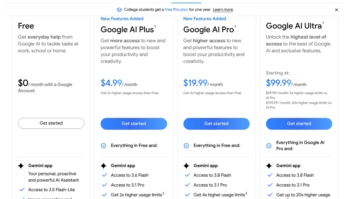 Gemini subscription page for the United States with Free, Google AI Plus and Google AI Pro prices