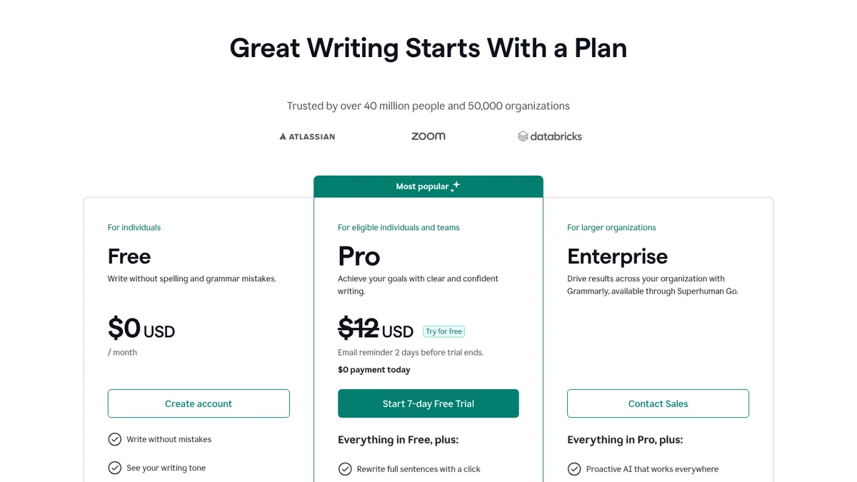 Grammarly plans page with Free and Pro