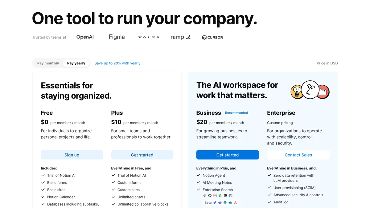 Notion pricing page with the yearly view selected