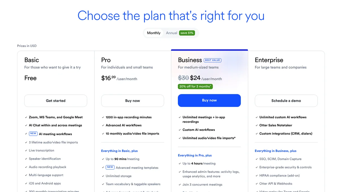 Otter.ai pricing page with monthly prices in US dollars