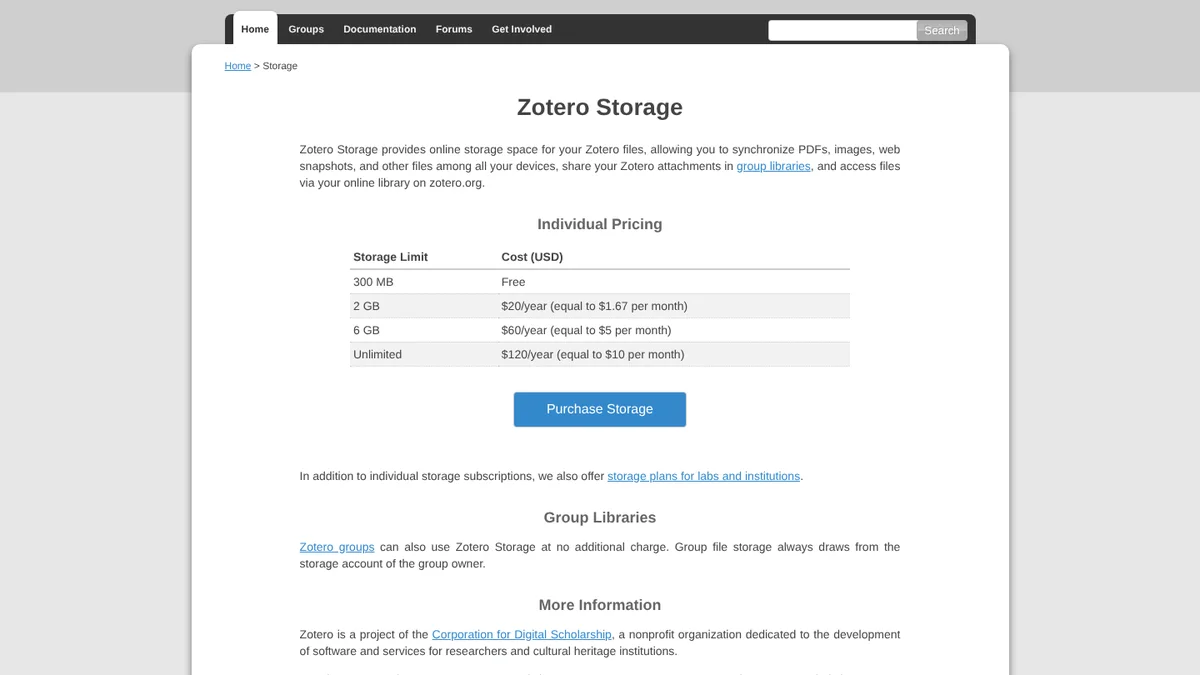 Zotero storage page with prices in US dollars