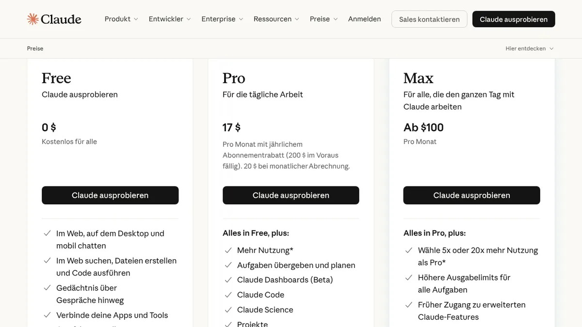 Preisseite von Claude mit den Plänen Free, Pro und Max