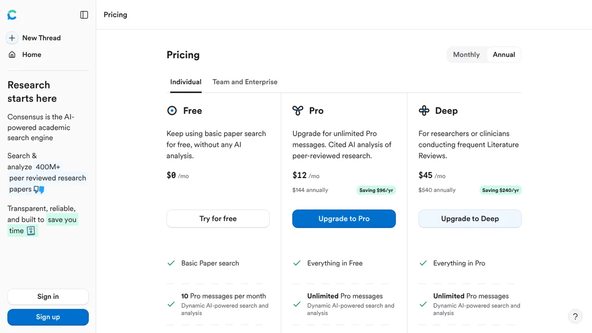 Preisseite von Consensus mit Free, Pro und Deep