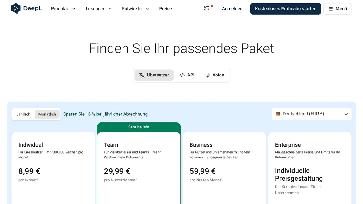 Preisseite von DeepL für Deutschland in Euro, monatliche Zahlung