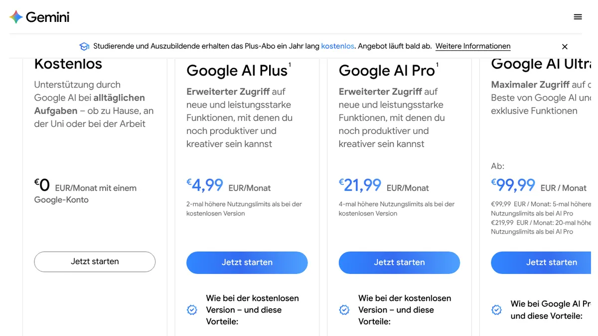Abo-Seite von Gemini für Deutschland mit Preisen in Euro