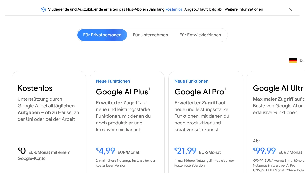Preisseite von Google Gemini für Deutschland mit Kostenlos, Google AI Plus 4,99 Euro, Google AI Pro 21,99 Euro und Hinweis auf das Plus-Abo für Studierende