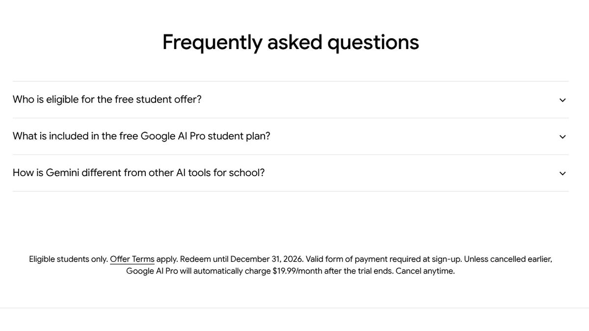 Screenshot of the fine print on Google’s Gemini for Students page for the United States, Oct 12, 2026