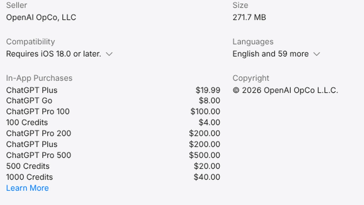 ChatGPT listing in the US App Store with the In-App Purchases list opened: ChatGPT Plus $19.99, ChatGPT Go $8.00, ChatGPT Pro 100 $100.00, ChatGPT Pro 200 $200.00, ChatGPT Plus $200.00, ChatGPT Pro 500 $500.00 and credit packs