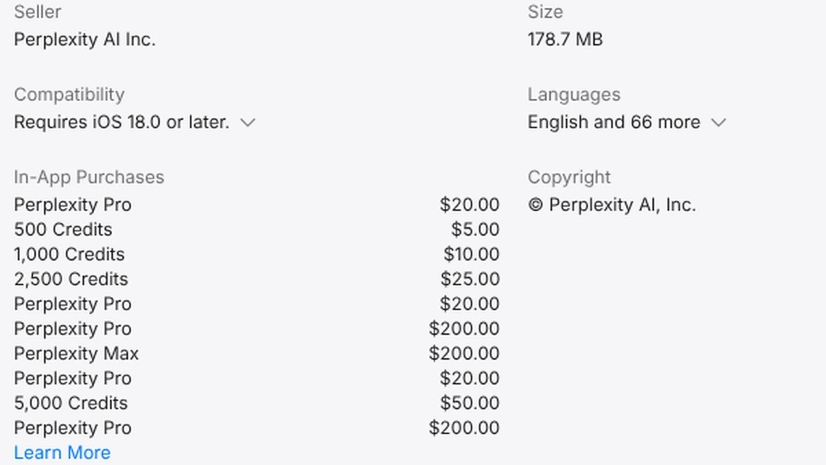 Perplexity listing in the US App Store with the In-App Purchases list opened: Perplexity Pro $20.00 and $200.00, Perplexity Max $200.00, credit packs, app languages English and 66 more