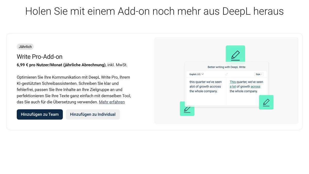 DeepL Preisseite, Abschnitt Write-Pro-Add-on mit Preis bei jährlicher Abrechnung