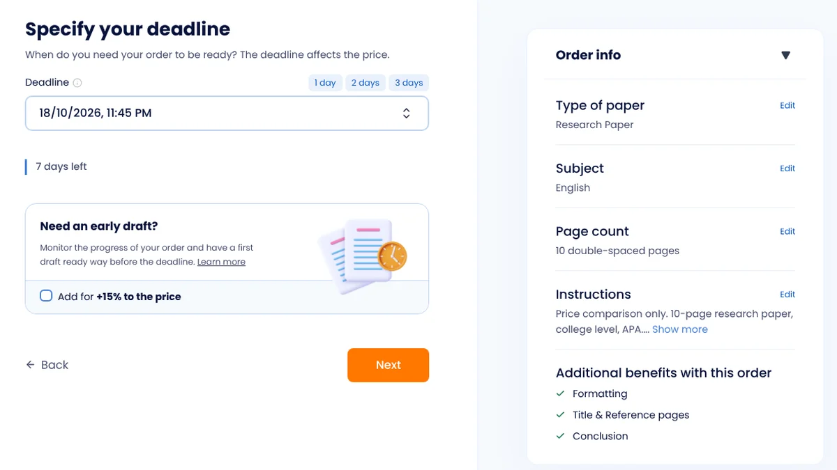 PapersOwl order form at the deadline step: research paper, English, 10 pages, deadline October 18, 2026, no price shown