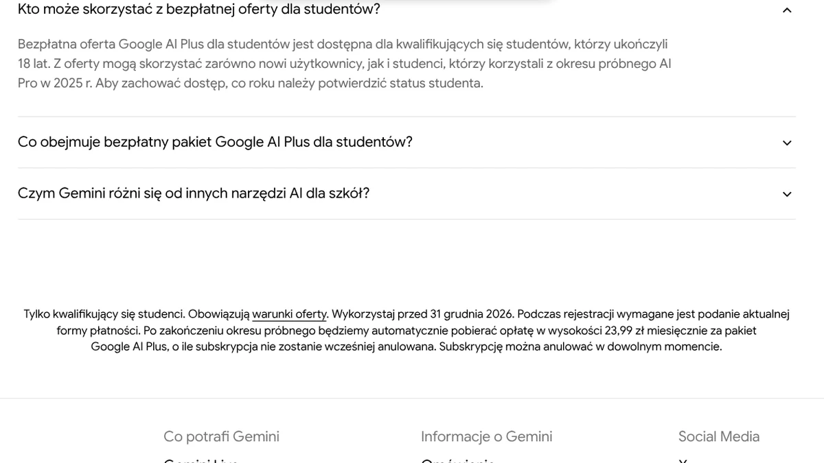 Polska strona Gemini dla studentów: odpowiedź w FAQ i drobny druk z ceną 23,99 zł miesięcznie