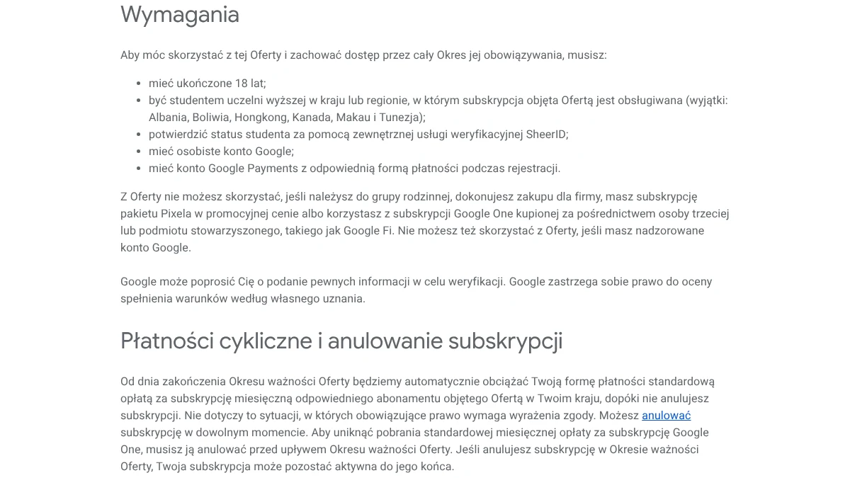 Warunki oferty studenckiej Google One po polsku: wymagania i płatności cykliczne