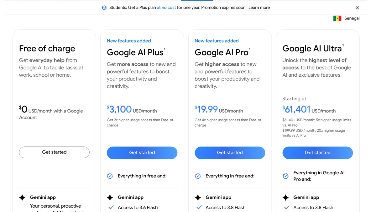 Page des abonnements Gemini pour le Sénégal : Google AI Plus affiché à 3,100 dollars US par mois