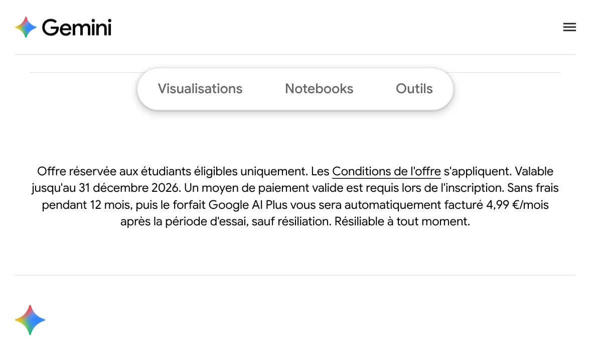 Mentions en bas de la page française de l'offre étudiante Gemini : valable jusqu'au 31 décembre 2026, puis 4,99 euros par mois