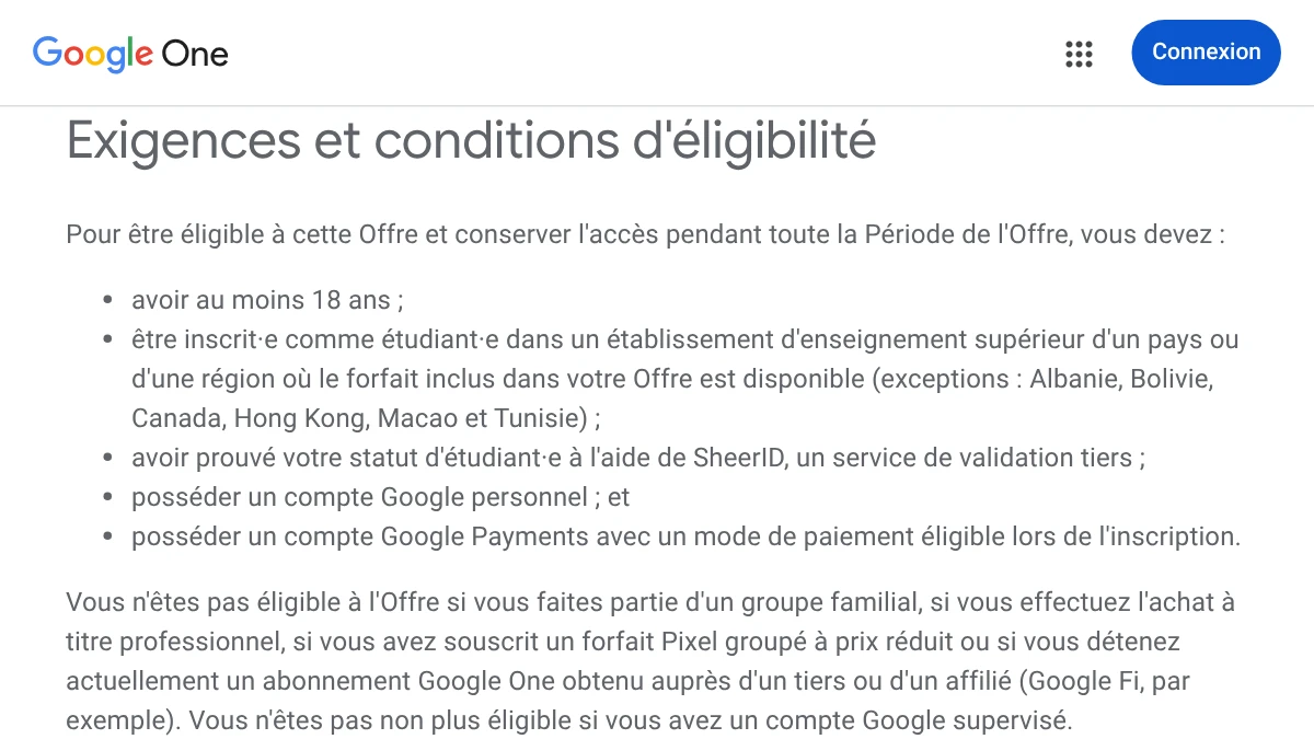 Conditions Google One de l'offre étudiante en français : exigences et conditions d'éligibilité