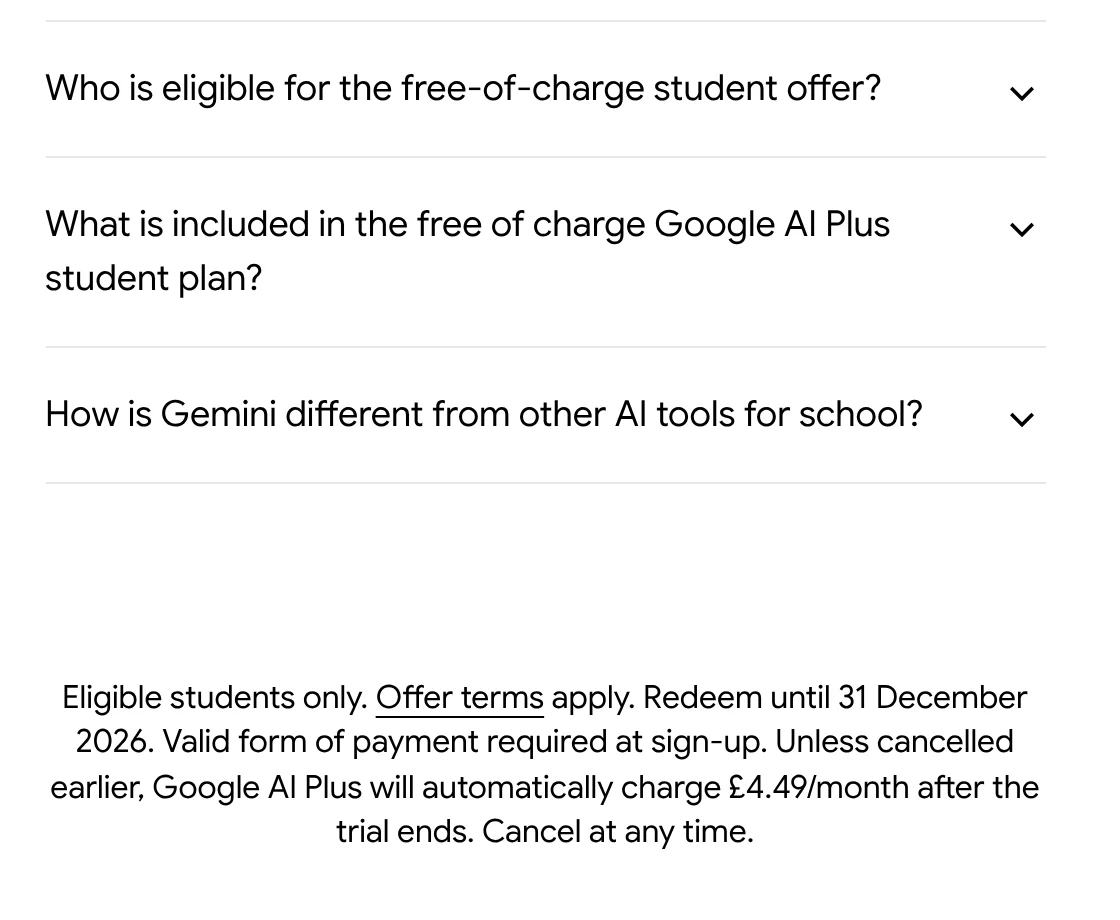 Screenshot of the FAQ and fine print on Google’s UK Gemini for Students page, Oct 11, 2026