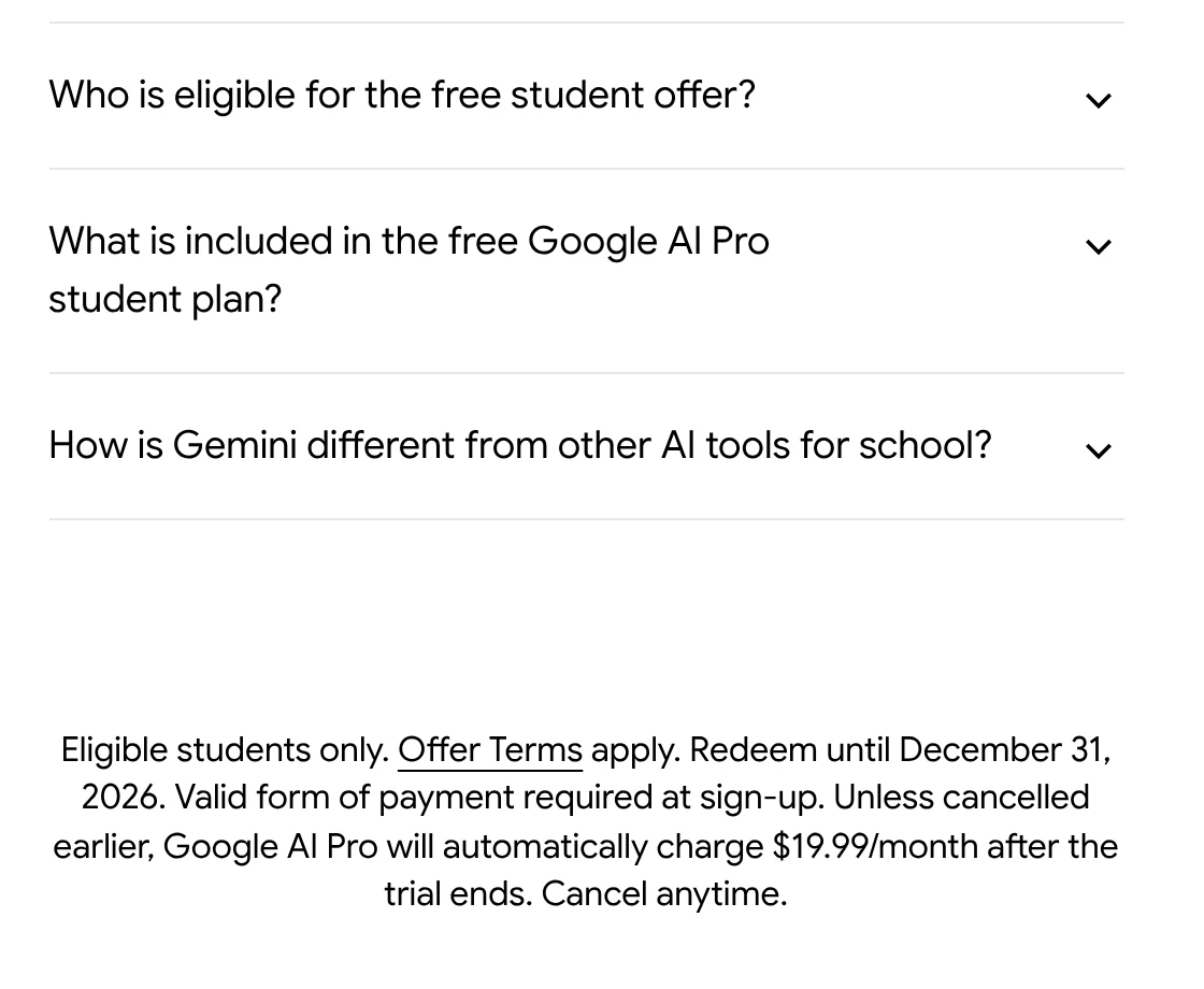 Screenshot of the FAQ and fine print on Google’s US Gemini for Students page, Oct 11, 2026