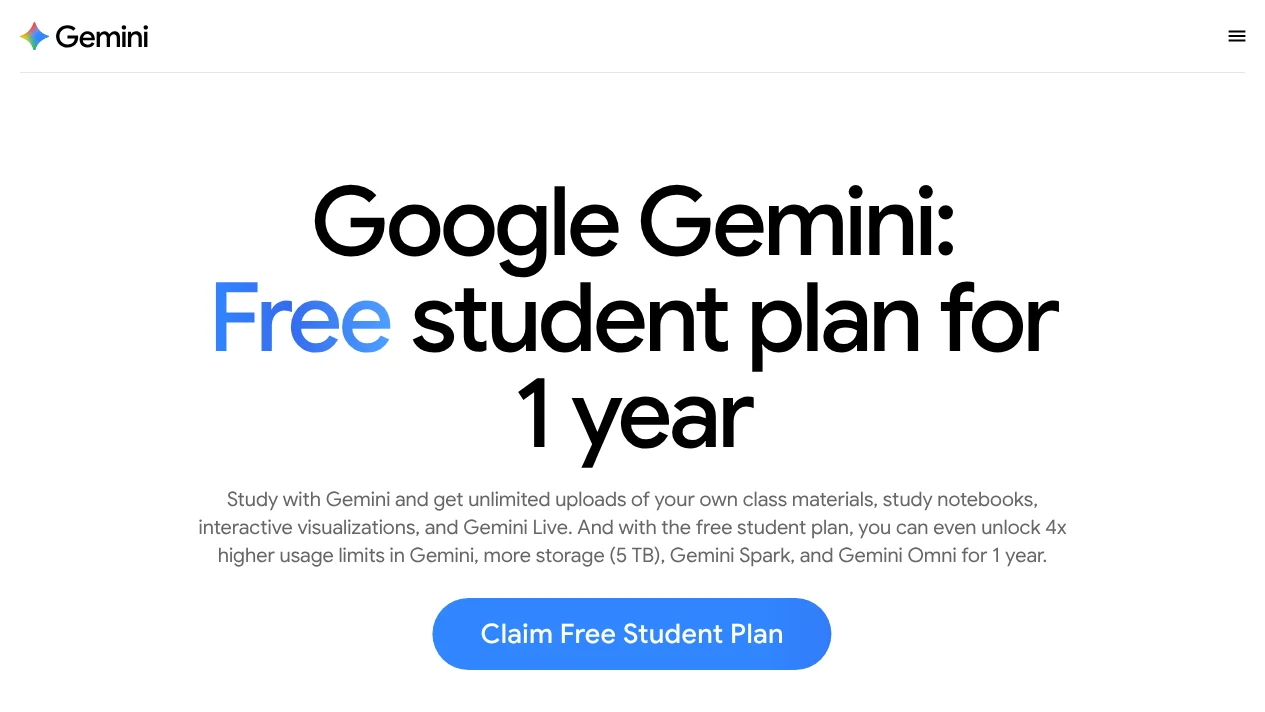 Screenshot of the top of Google’s US Gemini for Students page, Oct 11, 2026