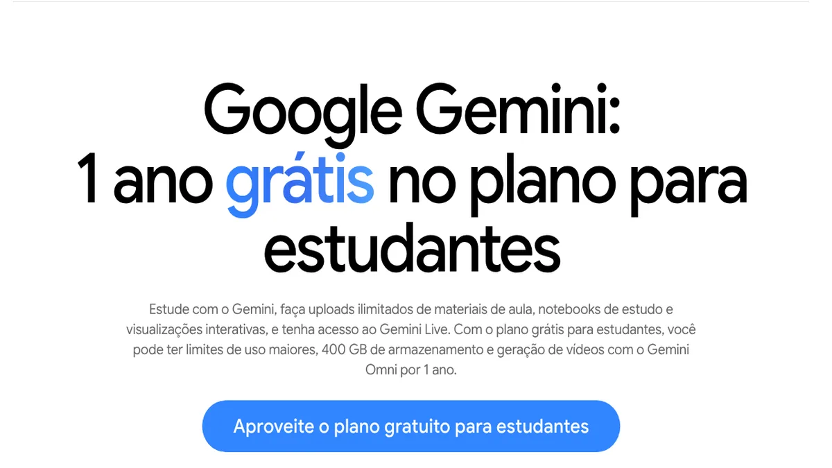 Página brasileira do Gemini para estudantes com o título “1 ano grátis no plano para estudantes”