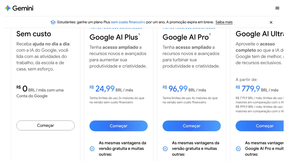 Tabela de planos do Gemini no Brasil com preços em reais