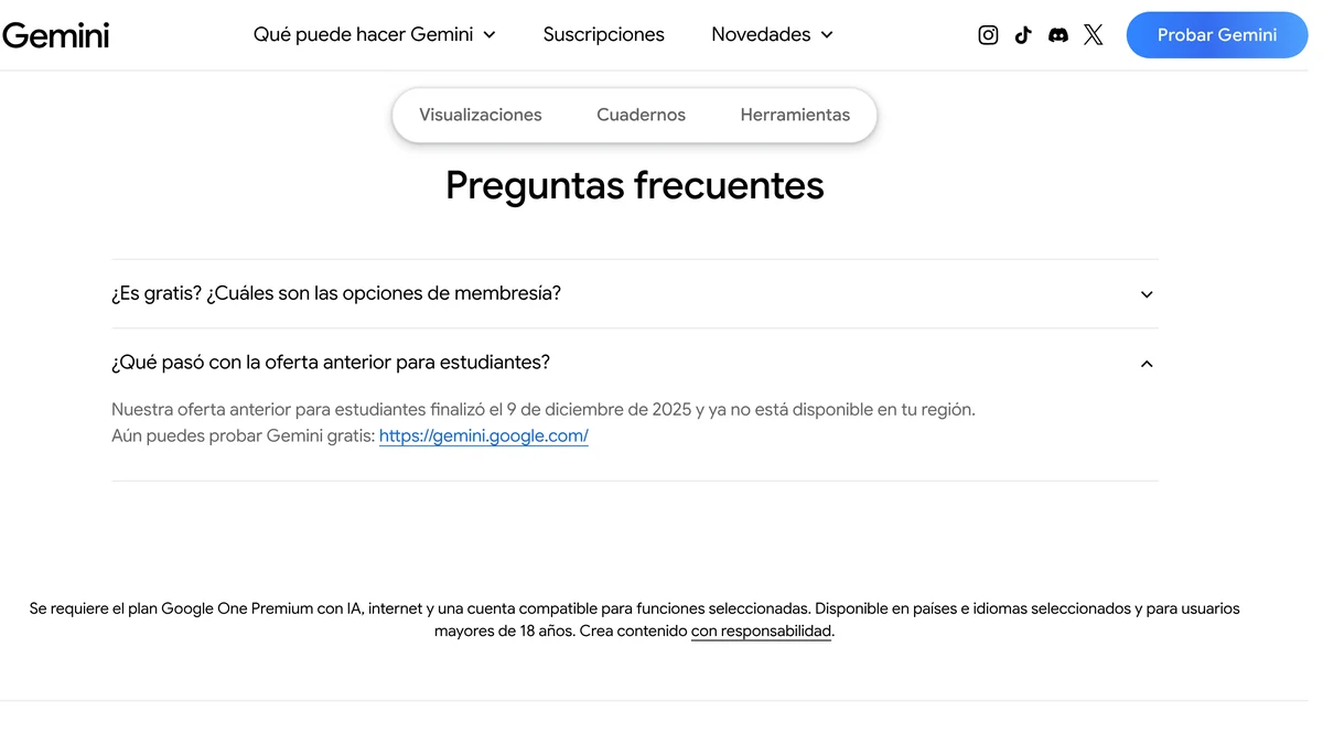 Página de Gemini para estudiantes de Bolivia: arriba solo el botón “Probar Gemini” y abierta la pregunta “¿Qué pasó con la oferta anterior para estudiantes?”